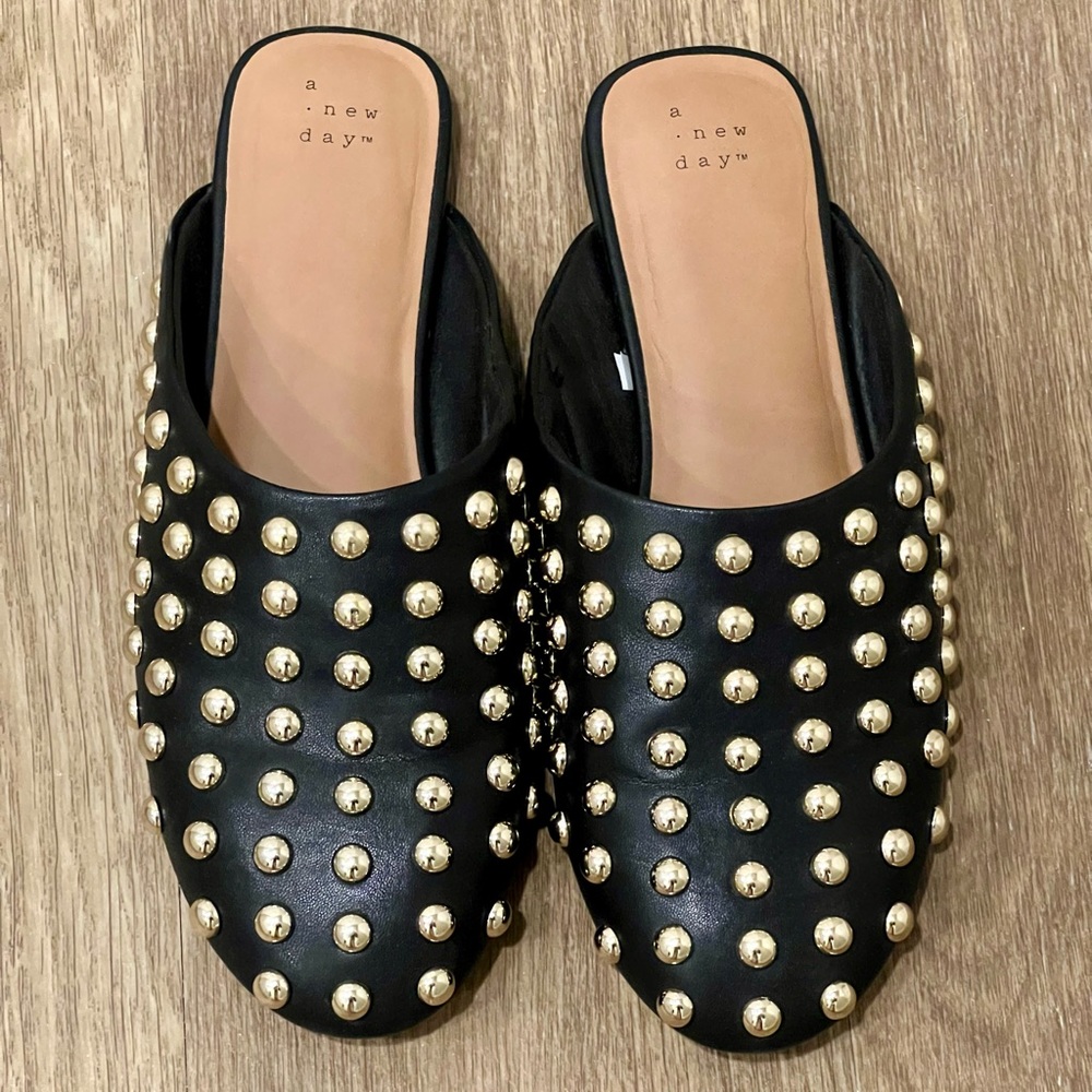 A New Day -Women's Channing Slide On Mule Flats black with gold studs Sz. 10